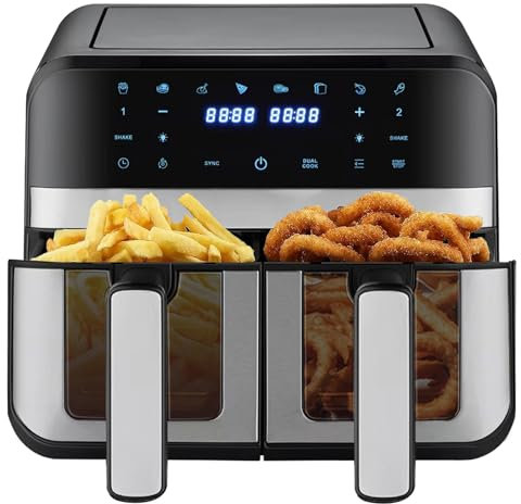 Friteuse à Air Double Zone, 9L Grande Capacité avec Fenêtre de Visualisation, Écran Tactile, Fonctions de Cuisson Multiples, Minuterie Intelligente, Cuisson Saine Sans Huile et Faible en Gras Noir