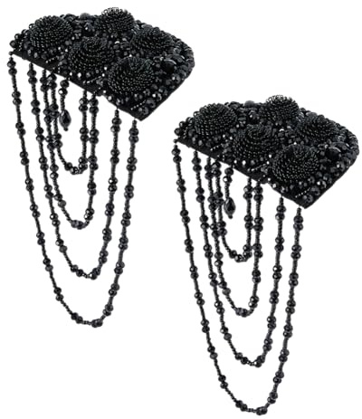 SUPERFINDINGS 2Pcs Tassel Shoulder Black Beaded Badge Shoulder Halloween Beading Epaulettes Beading Fringe Shoulders Punk Epaulette Shoulders Brooch Pin for Accessories, 23.8x11.9cm
