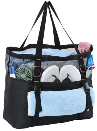 Cozary Borsa da Spiaggia con Cerniera - Grande Design - Borsa Mare Impermeabile con Scomparti Multipli - Shopper Donna per Vacanze e Mare - Nero
