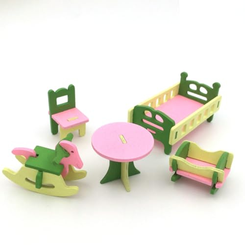 KARLOR 5pcs Mini Furniture Set Wood Miniature Furniture Bed Crib Wooden Horse Table Chair Mini Scene Accessories 1:12 Baby Bedroom Furniture Models Decoration (Bedroom)