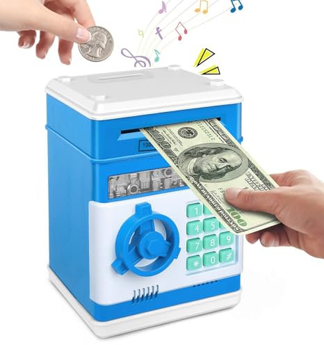 Tirelire Numérique Automatique, Tirelire électronique pour Enfants, ATM boîte de Coffre-Fort de défilement Automatique, Cadeau de Noël Thanksgiving Le Nouvel an pour Garçons Filles 3-10 Ans-Bleu