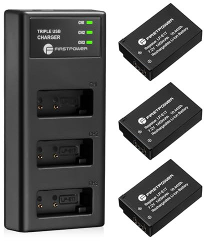 FirstPower LP-E17 Battery and Triple Slot Charger for Canon R10, R8, R50, EOS RP, Rebel T8i, T7i, T6i, T6s, SL2, SL3, EOS M3, M5, M6, 77D, 200D, 750D, 760D, 800D, 8000D Camera