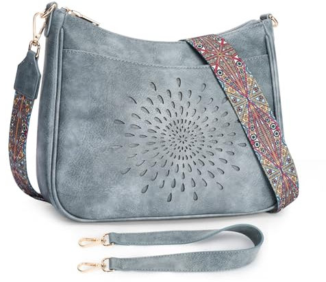 APHISON Klein Umhängetasche Damen Crossbody Bag das Sonnblumen-Lochmuster mit Breitem Gurt Schultertasche veganem Leder blau Handtasche Tasche mit Abnehmbarem Schultergurt Kartenschlitz Reisetasche
