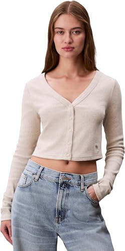 Calvin Klein Damen Strickjacke Cardigan Woven Label Rib mit Knopfleiste