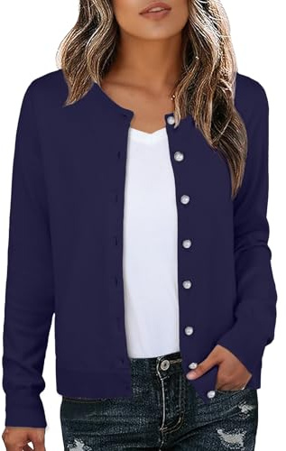 GRECERELLE Cardigan léger à manches longues pour femme - Élégant et fin - Col rond - Cardigan décontracté - Pullover - Gilet en tricot classique - Manteau en tricot avec boutons de perles - Automne et
