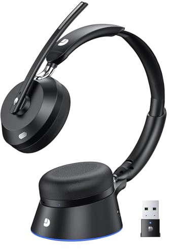 Wireless Headset with Mic for Work, Bluetooth Headset with Microphone (Noise Cancelling) & Charging Base, Wireless Headphones for Work from Home/Office/Call Center/PC/Computer/Teams/Zoom/Skype/Laptop