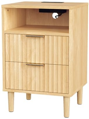 LEADZM Nachttisch mit Ladestation, Nachttische 2 Schublade 1 offenem Fach, Beistelltisch für Schlafzimmer, Europäischer Stecker, 40 x 35 x 60 cm