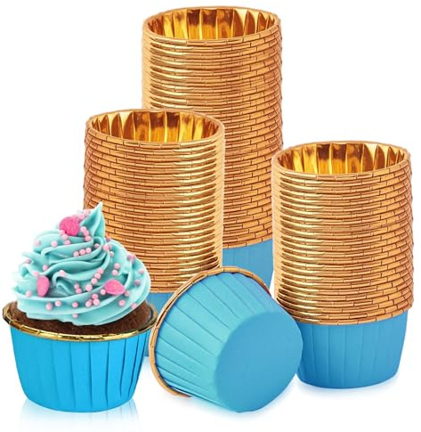 Cupcake Cases, 150 PCS Foil Metallic Cupcake, Cake Muffin Liners Greaseproof Foil Baking Cups Paper Wrappers Greaseproof Cup for Birthday Wedding Party (Blue)