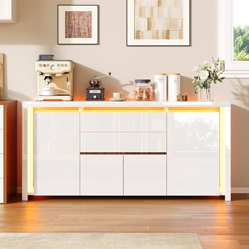 Poeahu Buffet Blanc Brillant avec LED Meuble de Rangement Moderne avec 4 Portes et 2 Tiroirs, Meuble TV Blanc Laqué pour Salon, Cuisine ou Entrée