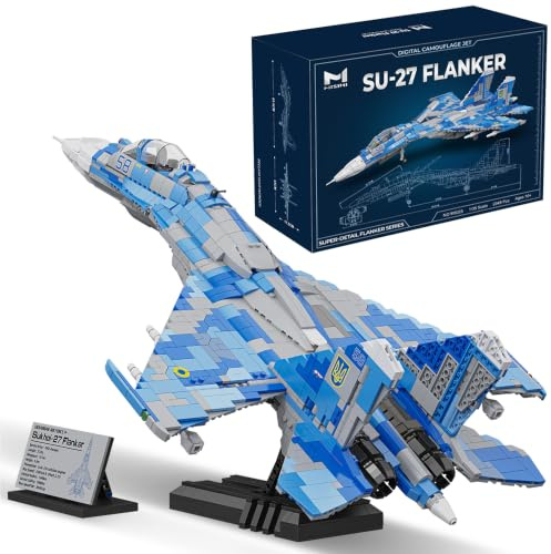 MISINI M8025 1:35 SU-27 Flanker Kampfflugzeug Klemmbausteine Bausatz,2345 Teile MOC Militärflugzeug Modell mit Ständer und Namensschild, Sammlergeschenk für Erwachsene Militärfans und Enthusiasten