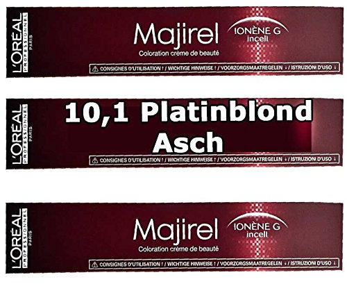3x Loreal Majirel 10,1 Platinblond Asch Creme Haarfarbe - 50ml