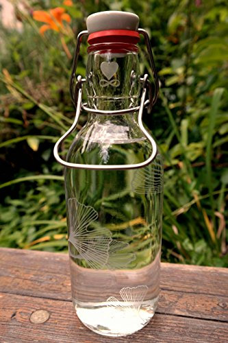 Freiglas 0,5l Trinkflasche aus Glas *Ginkgo* 100% plastikfrei, nachhaltig, Wasserflasche, Gravur