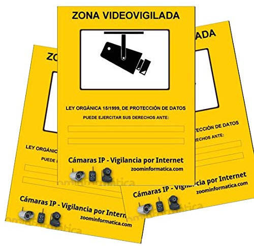 Cartel zona vigilada color amarillo. Diseño homologado para cámaras de vigilancia.Util para comercios, empresas con cámaras de seguridad. Zona vigilada video-vigilada. (A4, Pack 3 Rígidos)