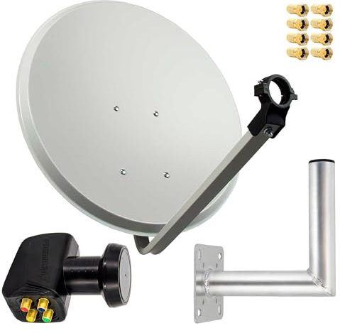 Premium X Satelliten-Komplettanlage 80cm Satellitenschüssel Hellgrau Quad LNB 8X F-Stecker Wandhalter 25cm - SAT bis 4 Teilnehmer