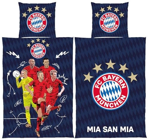 FC Bayern München Wende-Bettwäsche Player 135 x 200 + 80 x 80 cm 100% Baumwolle Linon Fußball FCB Deutscher Rekord-Meister Mia san Mia Fußball Allianz Arena deutsche Größe mit Reißverschluss