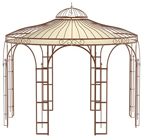 ELEO Pavillon Florenz rostoptik mit Sonnensegel - rund 4x4 m Rankpavillon für den Garten handgeschmiedet Schmiedeeisen romantisch - Rosenpavillon Metall stabil rost Edelrost - mit Sonnenschutz Dach
