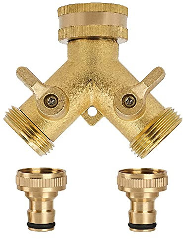 2 Way Brass Garden Tap Splitter, Double Way 3/4 Hose Connector, Water Hose Tap Quick Individual On/Off Splitter with 2 Quick Connector for Hose Pipe Irrigation Tool Fitting