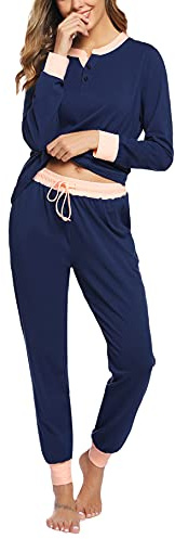 Aseniza Pyjama Femme Hiver Coton Ensembles de Pyjama Femmes Chauds Manches Longues Vêtements de Nuit Couleurs Contrastées Ensemble Pyjamas Tenue de Nuit 2 Pièces Vêtements de Détente Loungewear