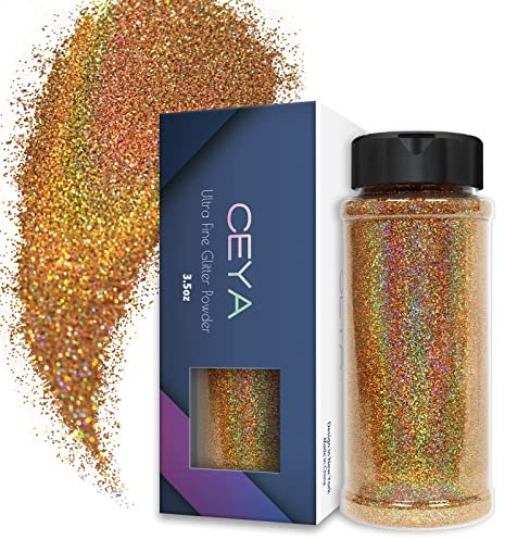 Ceya 3.5oz/ 100g Ultra Fine Glitter Powder Diamond Laser Gold Holographic Glitter 1/128” 0.008” 0.2mm for Slime Epoxy Resin Craft Tumbler Jewelry Nail Festival Makeup Scrapbook Painting Wedding Cards