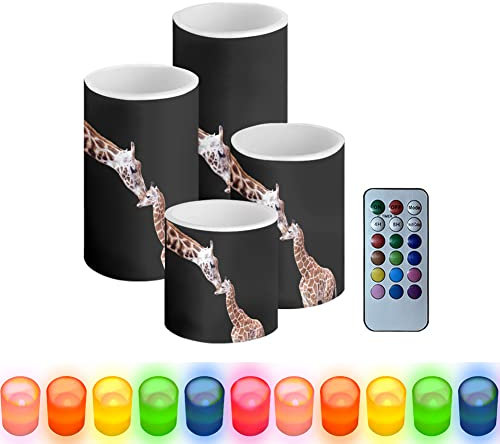 HUGS IDEA Giraffe Parent-Child Battery Operated LED Tealights, Pack of 4, Remote Control with 4/8 Hour Timer Function [Rainbow - Remote Control]