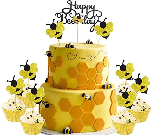 JAHEMU Biene Tortendeko Happy Bee Day Cake Topper Geburtstag Kuchen Dekoration Bee Cupcake Topper für Kinder Baby Junge Geburtstag Party Dekoration 19 Stücke