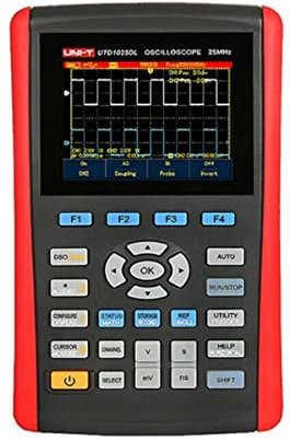 UNI-T UTD1025DL Tragbar Digitales Speicheroszilloskop mit 25 MHz 2 kanäle, 250 Msa/s Sample-Rate, 2 in 1 Oszilloskop & Multimeter, Messung für Spannung, Strom, Ohm, 3 Anzeigezähler, 3,5 Zoll TFT LCD