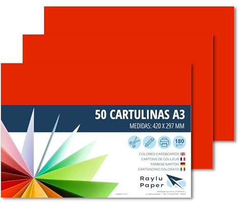RAYLU PAPER – Tonpapier A3, 50 Stück Kartonpapier 180g/m², 297 x 420 mm, professionelle farbige Kartons für Büro, Kopierpapier, Buntes Papier zum Basteln (Rot)