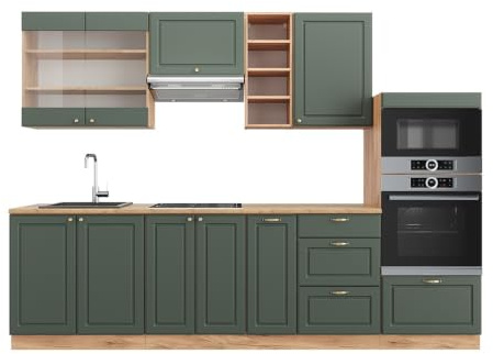 Vicco Küchenzeile Fame-Line, Grün-Gold Landhaus/Goldkraft Eiche, 280 cm
