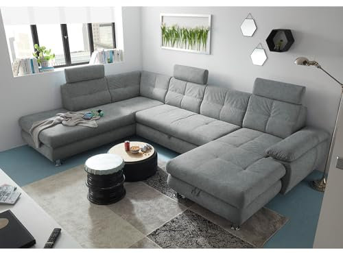Wohnlandschaft mit Schlaffunktion und frei steckbaren Kopfstützen in Webstoff grau modern | Sofa in U-Form mit Bettkasten rechts