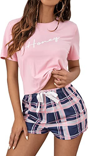 GORGLITTER Damen Pyjama Sets Kurzarm Tops und Sommer Short Plaid Muster Sommerhose Zweiteiliger Schlafanzug Rosa XL