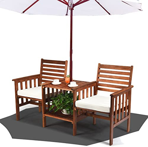 KOMFOTTEU Gartenbank Akazienholz mit Schirmloch & Tsich, Sitzbank Parkbank 165 x 65 x 88 cm, Holzbank Sitzgarnitur & Bierzeltgarnitur für Garten, Balkon & Terrasse (Weiß)