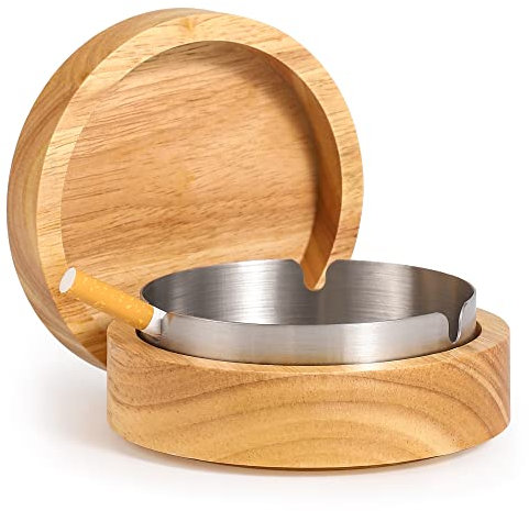 DDAJJAJ Niedlicher Aschenbecher für Zigaretten, rauchfreier Aschenbecher mit Edelstahlfutter, winddichter Holzaschenbecher mit Deckel, für Zuhause, Büro, Tisch, draußen oder Terrasse(Beige)