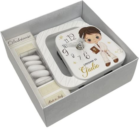 Regalami.shop bomboniera orologio cm 11x12 in marmo di carrara personalizzabile, disponibile per tutte le cerimonie, completa di tutto, prodotto made in Italy (cresima bimbo)
