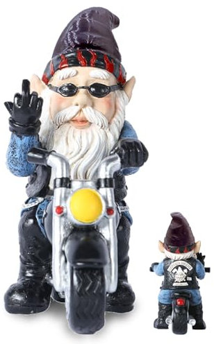 DIKARIYA Gartenzwerg Motorrad Zwerge für Garten, Geburtstagsgeschenk für Männer, Lustige Gartenzwerge für Außen Motorrad Geschenke, Wasserdicht Gartenzwerg Statue für Gartendeko Terasse Balkon Deko