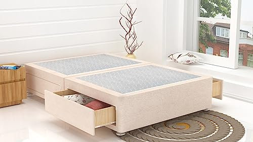 DBZ BEDS 5 FT King Size Bed Base - Cream Chenille Divan Bed Base with 2 Drawers Same Side – Chrome Glider Feet and Fabrics