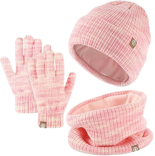 3 Stück Kinder Wintermützen Handschuhe Schal Set Beanie Mütze Warme Gestrickte Touchscreen-Handschuhe Loop WinterSchlauchschal für Jungen Mädchen 5-12 Jahre Outdoor Aktivitäten (Rosa-Mischung)