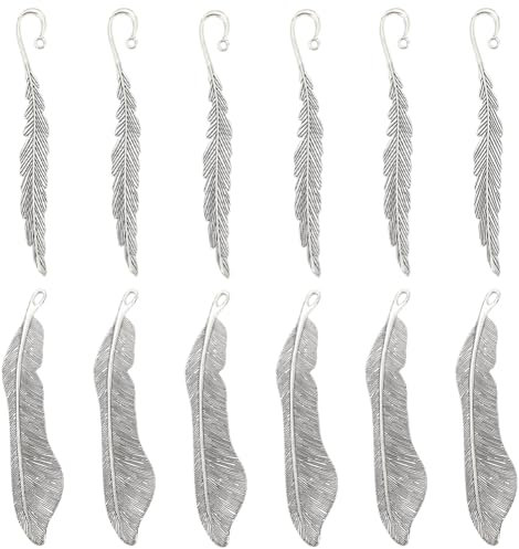 SUNNYCLUE 12 Stück Haken Lesezeichen Feder Lesezeichen Mit Aufhängeösen Vintage Stil Antik Silber Legierung Lesezeichen Aus Metall Lesezeichen Rohlinge Für Perlen Lesezeichen DIY Handwerk Lehrer Schül