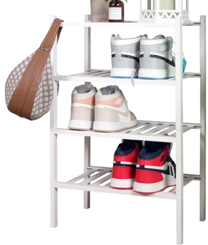 Froppi Shoe Rack Wooden Shoe Storage 4 Tier, White Bamboo | L45.2 W29.5 H72.4 cm, Extendable, Multi-Purpose, Easy assembly, Lightweight, Solid wood, Space Saving