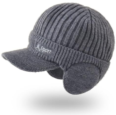 Knitted Ear Protector,Men's Winter Visor Beanie Hat with Earflaps,Men's Peaked Beanie Hat,Knit Baseball Cap,Winter Hat Warm Knit Thick Fleece Lining,Winter Ski Outdoor Baseball Cap (1, Dark Gray)
