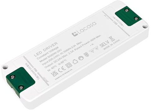 Lacasa 24V 2.5A LED Trafo Transformator, 1-60W Netzteil Treiber 230V auf 24V, Kein Flimmern Konstante Spannung Niedervolttrafo Adapter für Streifen, MR16 GU5.3 MR11 G4 LEDs Halogen