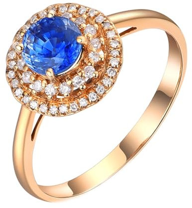 Trauringe Damen Gold, Saphir Ring Damen 18 Karat Gelbgold AU750 Blume Lab Saphir 0.85CT Blau Rundschliff VVS mit Diamant Natur Weiß Größe 49 (15.6)
