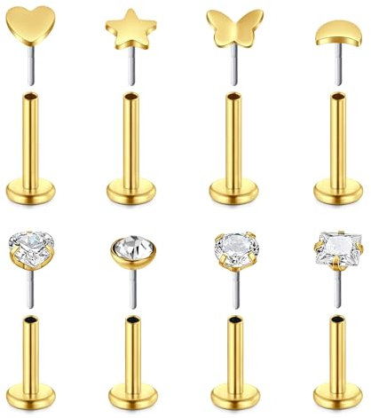 AVYRING Flachrückige Tragus-Piercings, 16G 6mm 8mm Gold Chirurgenstahl Lippenpiercing Set mit Stern, Schmetterling, Mond, Herz CZ Knorpel Labret Helix Piercing Schmuck