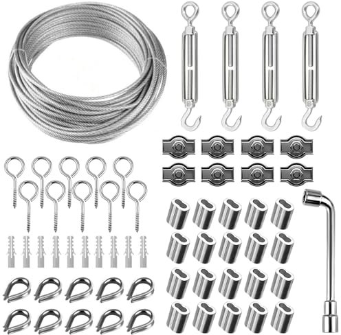 Abiemuce 30M 3mm Drahtseil, Edelstahl Spanndraht, Seilspanner, Stahlseil Mit Ösen, M3 Seilspanner Set, Spannschloss für Zäune, Außenleuchten, Wäscheleine