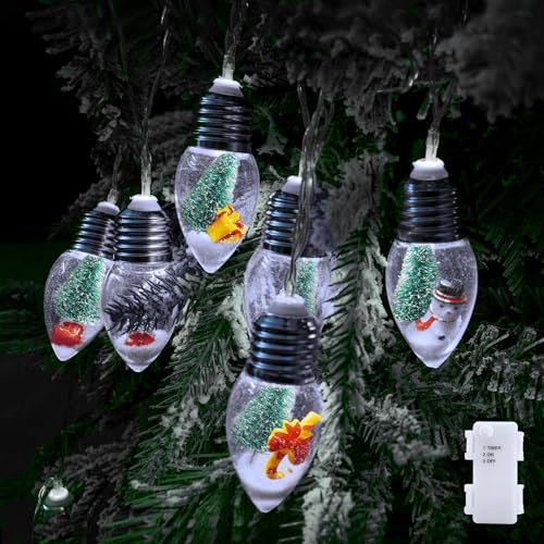 YOLIGHT Striscia di lampadine di Natale a batteria e timer, 2 m, 10 luci LED per albero di Natale con graziosi ornamenti, luci a sfera di neve per casa, stanza, caminetto, decorazione natalizia per