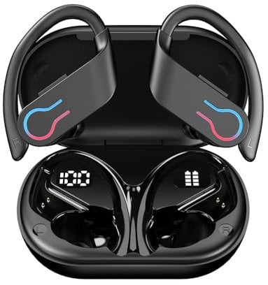 Wireless Bluetooth 5.3 Headphones 200Hrs Standby Time with Hi-Fi Stereo, Over-Ear Earhooks Dual LED Display IPX7 Waterproof HiFi Stereo Sport Gaming Earbuds