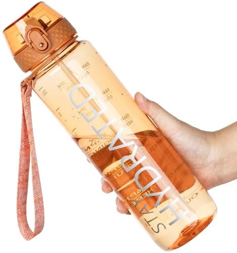 OLDLEY 1L Sports Water Bottle with Straw, Tritan 1 Litre Motivational Drink Bottle, BPA Free Leakproof Transparent Water Bottle with Time Marker for Cycling, School, Gym, Outdoor (Orange)