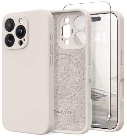 SuydanBox Magnetic for iPhone 16 Pro Max Case, Compatible with MagSafe, [Full Camera Protection][Screen Protector] Silicone Shockproof Protective Phone Case for iPhone 16 Pro Max 6.9, Stone