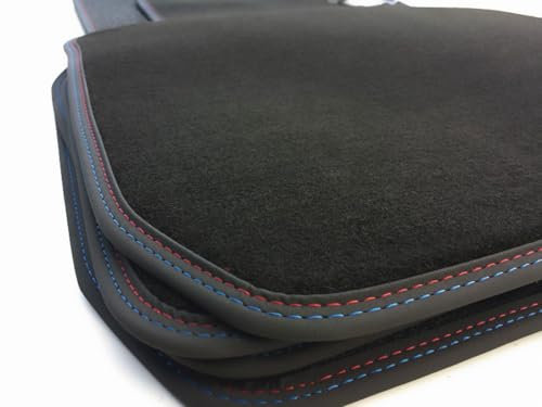 Fußmatten kompatibel mit 3er BMW E90 E91 nur xDrive Allrad Premium Velours Automatten in Original Qualität Matten M3 Doppelnaht Rot Blau