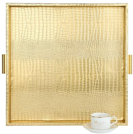 HofferRuffer Elegant Decorative Square Faux Leather Ottoman Tray, 20x20 with Gold Hardware Handles, Coffee Table Tray for Serving Tea, Coffee or Breakfast
