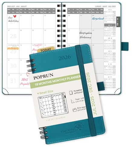POPRUN Kalender 2025 2026 Monatsplaner 16 x 10,5 cm - 18 Monate Monatskalender Ringbuch A6 (Jul.2025-Dez.2026) - 1 Monat 4 Seiten, Softcover mit PU-Leder, 100 GSM Papier - Pazifikgrün